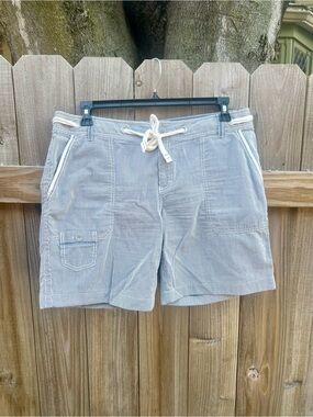 Eddie Bauer Blue & White Stripe Cotton Shorts | Size 14 | Nautical Tie Waist